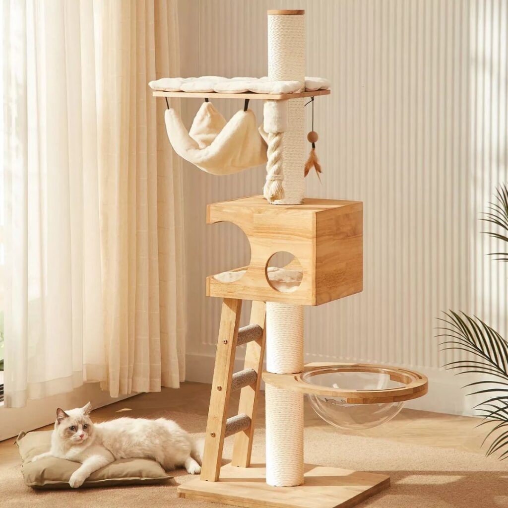 elegant wood kitty condo, light cream colors